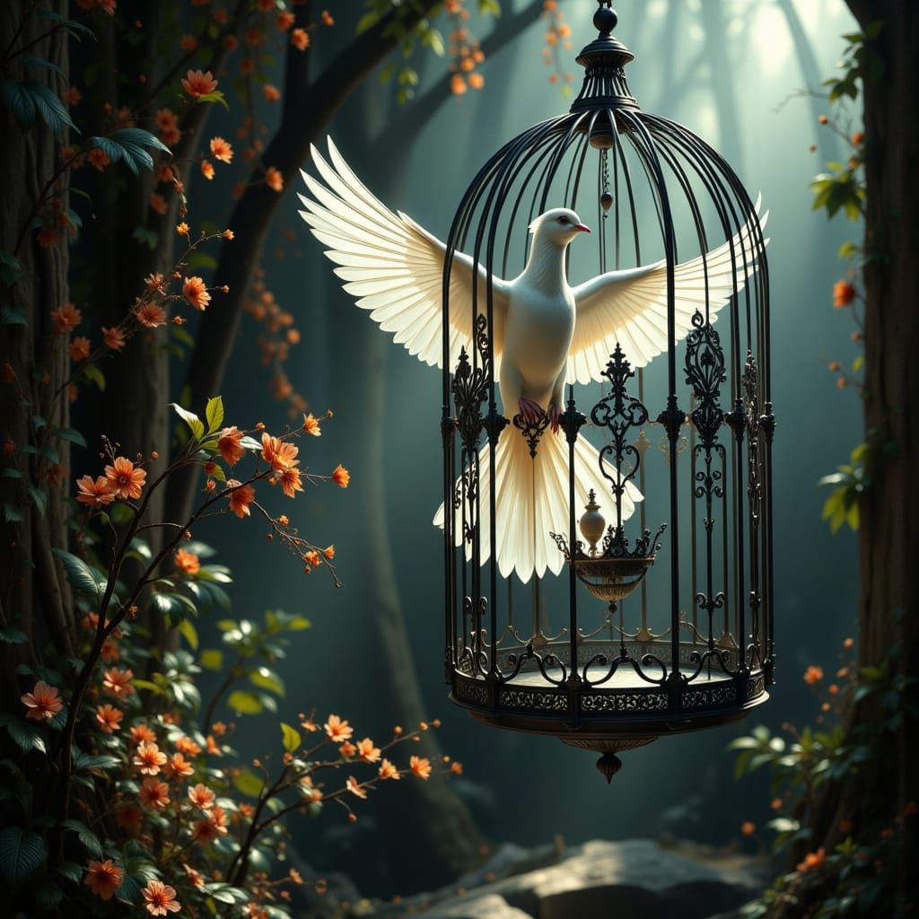 White Dove Chained in Ornate Birdcage