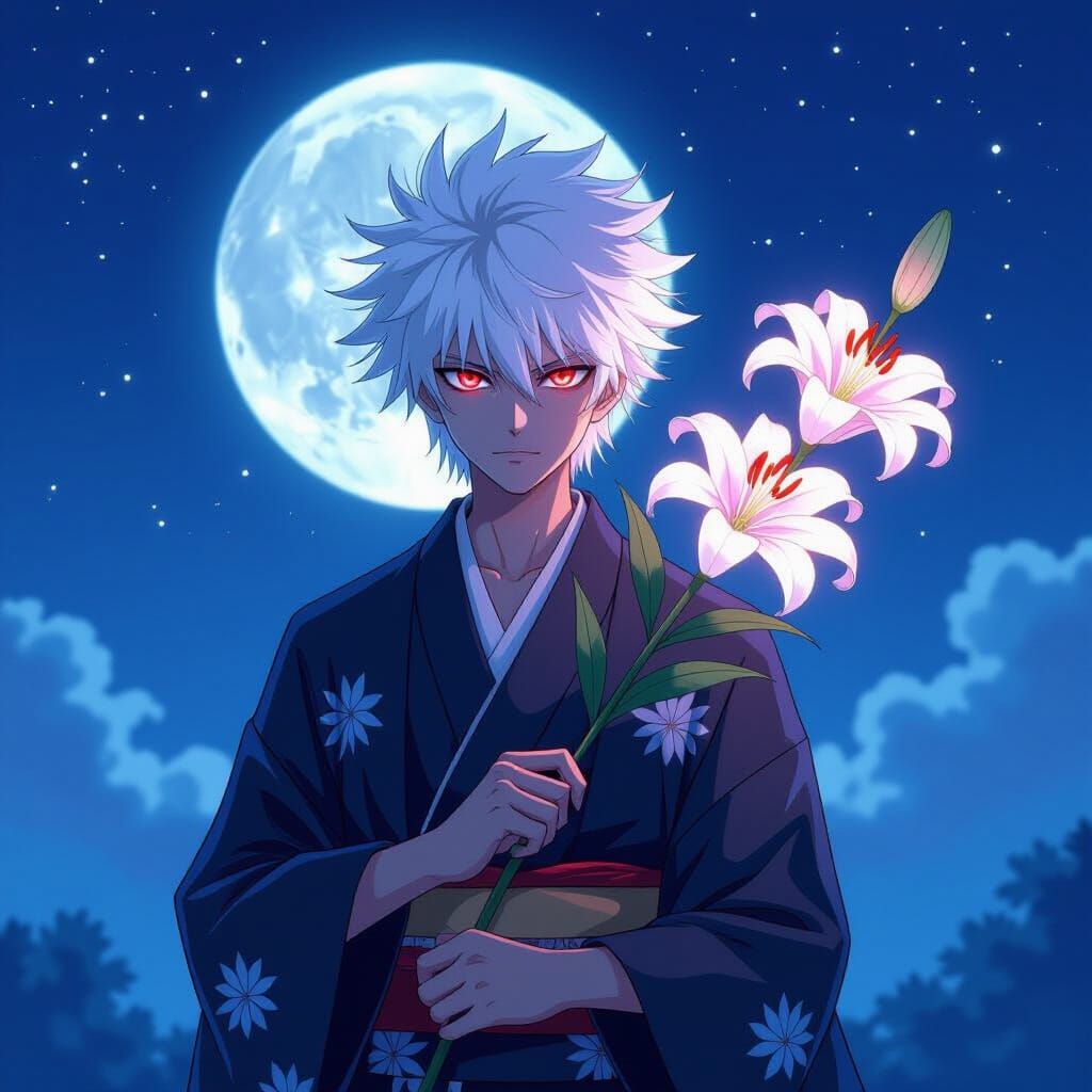 Kitsune Gintoki with Spider Lily Under Night Sky