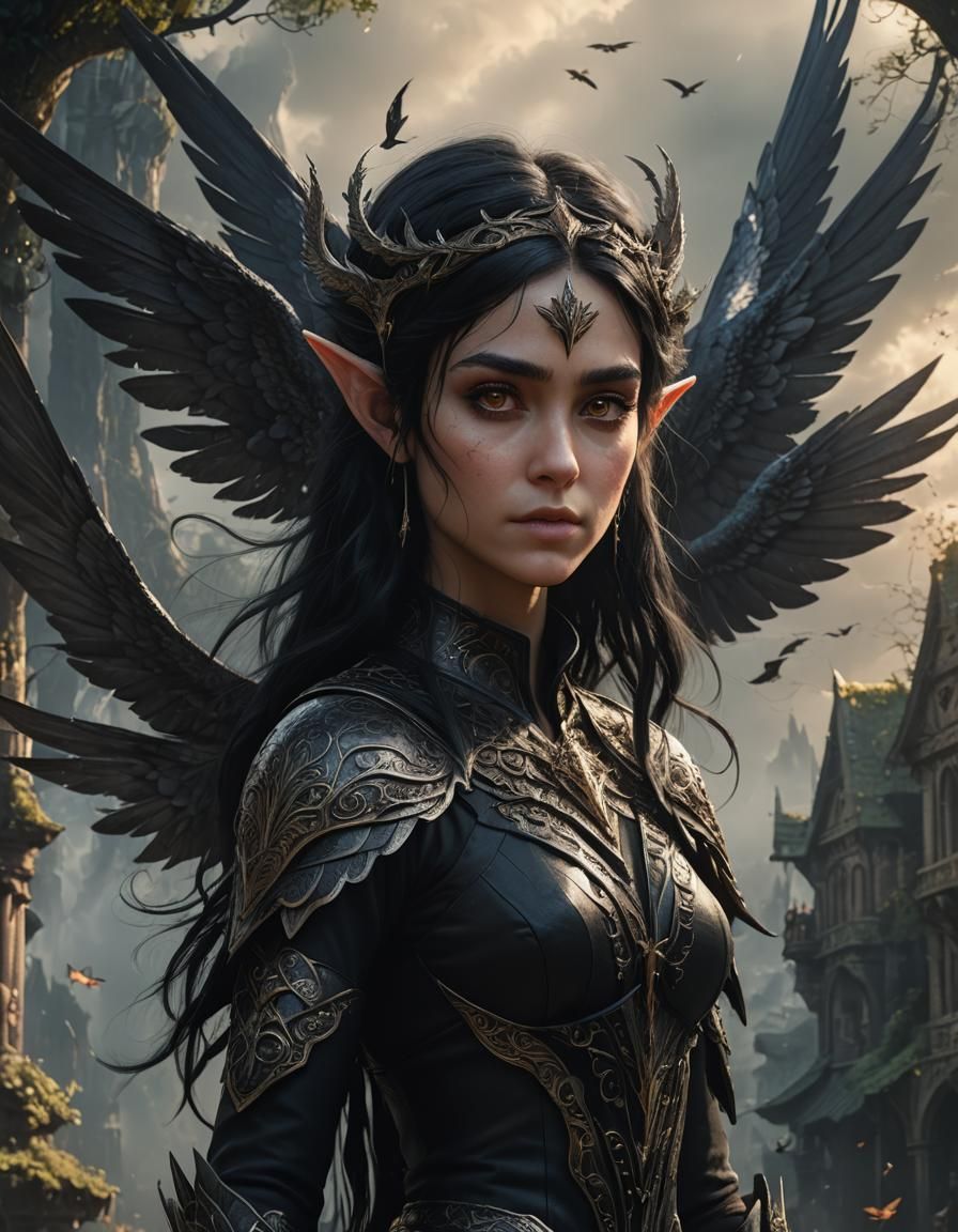 Winged Black-Haired Elf in a Dramatic Digital Painting