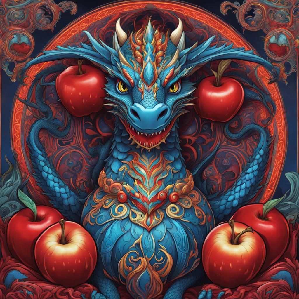 Cartoon Red Dragon with Apples in Psychedelic Style