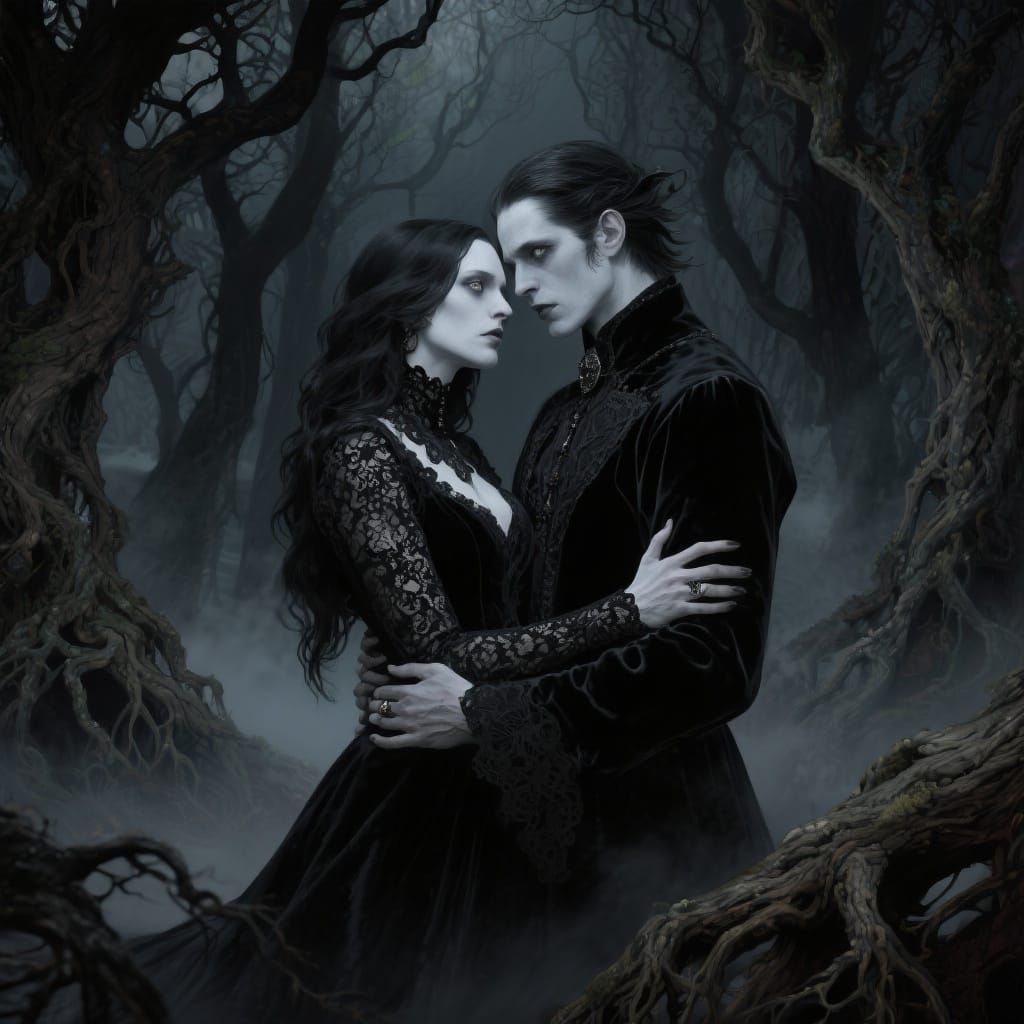 Gothic Couple Embrace in Eerie Forest: Macabre Art