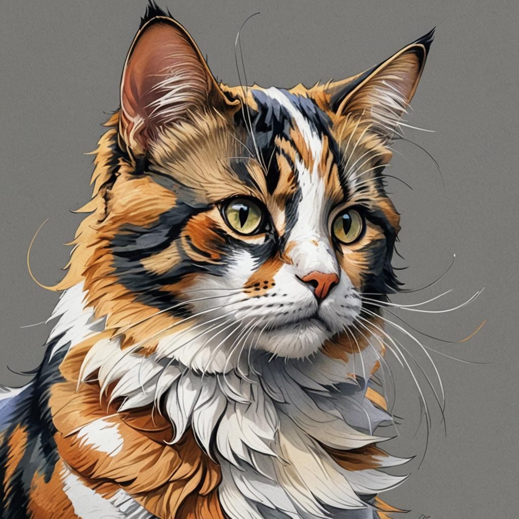 Colorful Manga Calico Cat Pencil Sketch