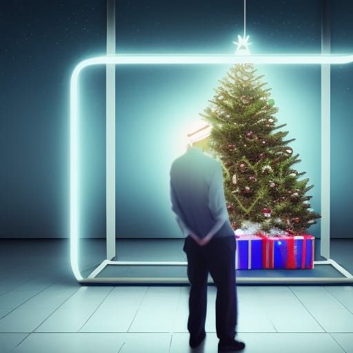 Man Sleeps in Neon Vaporwave Office at Christmas