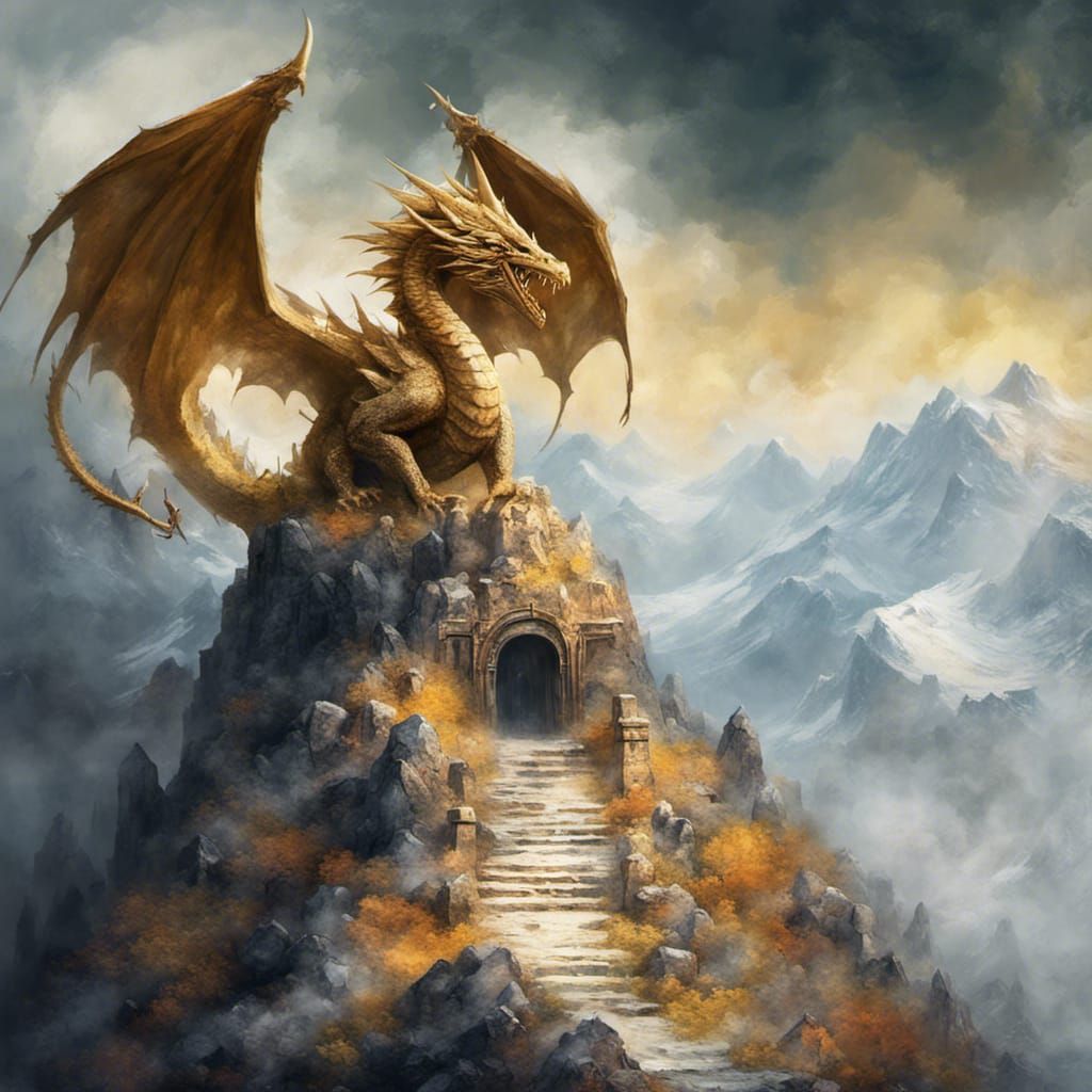 Impressionist Dragon Guarding Misty Mountain Gold