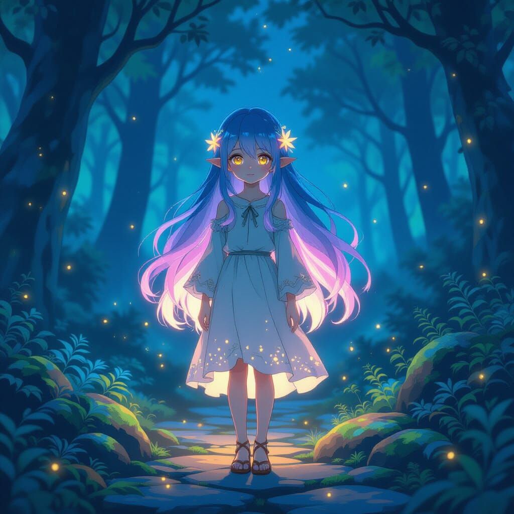 Ethereal Forest Spirit Girl in Bioluminescent Twilight Anime...