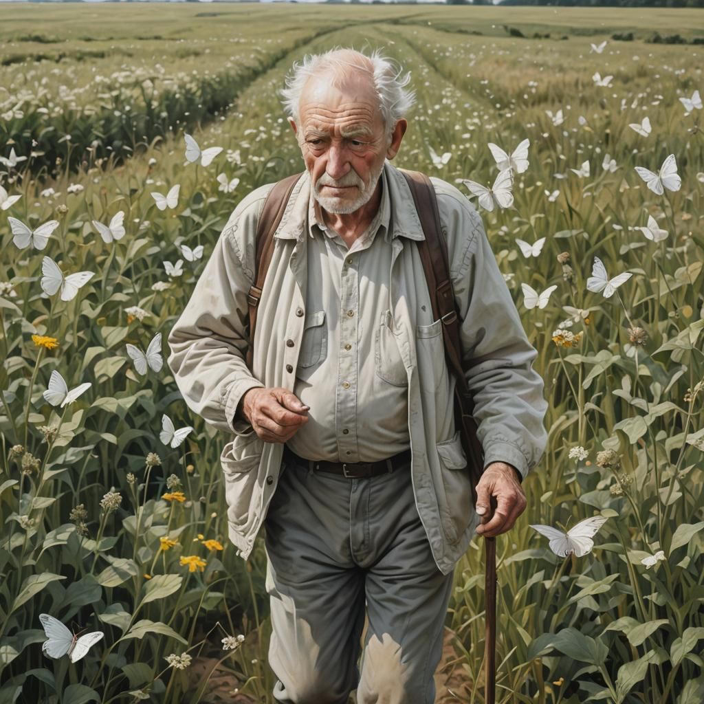 English Field: Old Man and White Butterflies