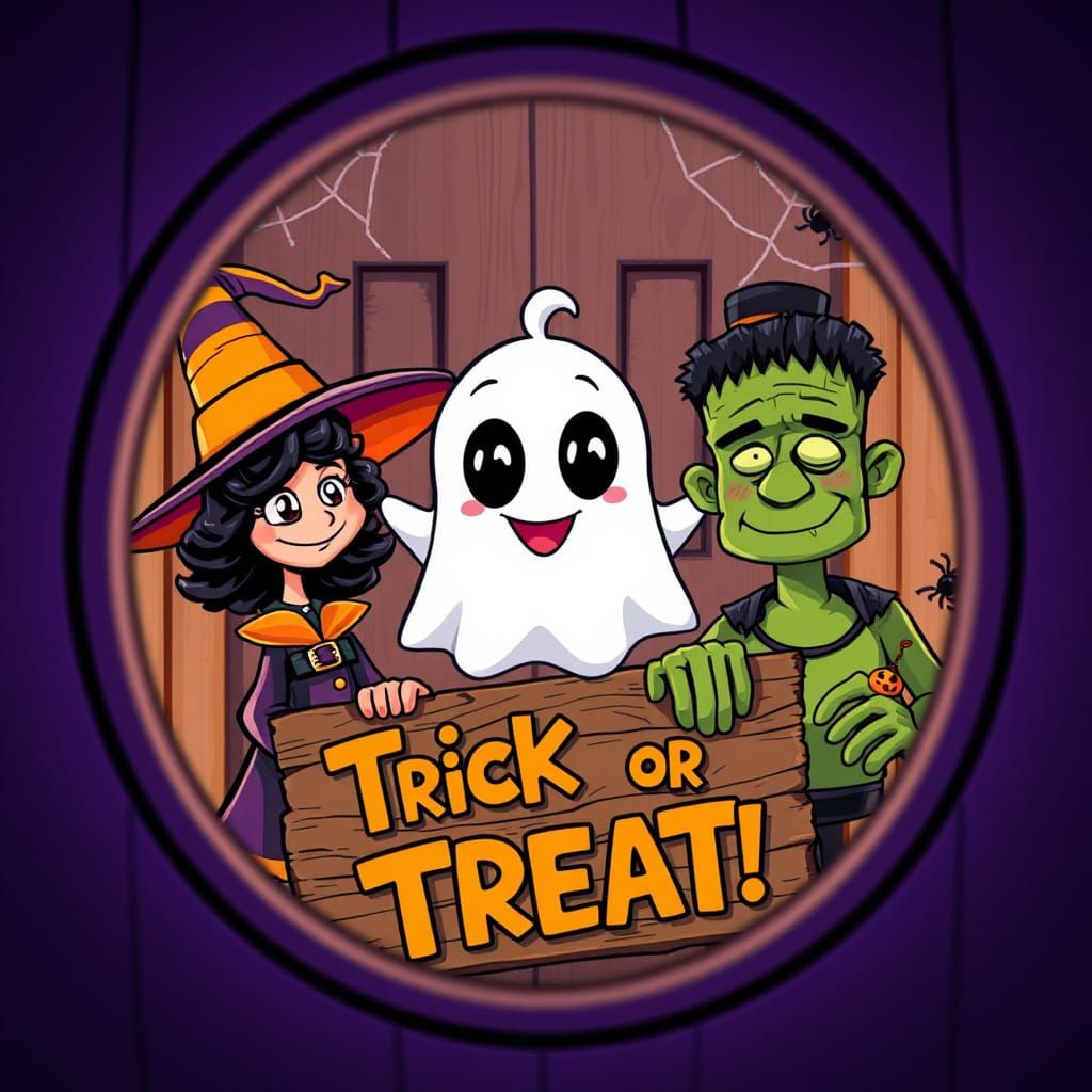 Halloween Cartoon: Witch, Frankenstein, and Chibi Ghost