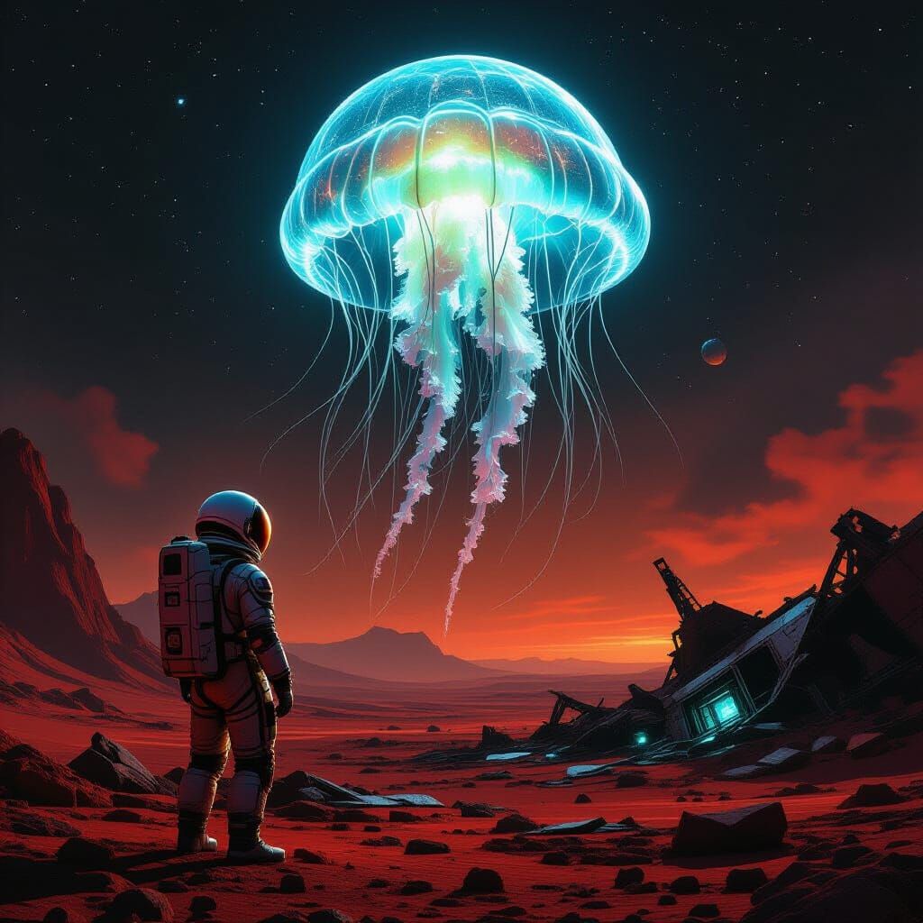 Astronaut and Bioluminescent Jellyfish on Alien Planet