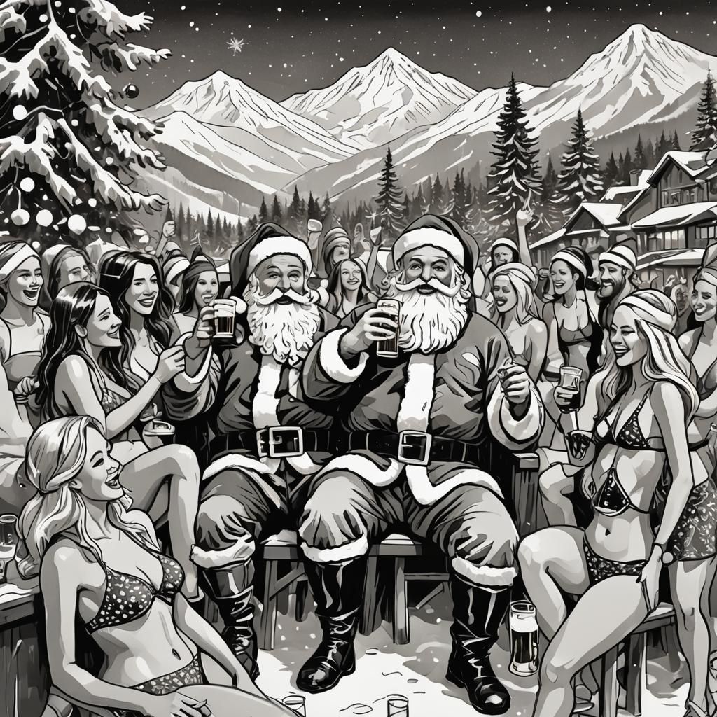 Santa at Après-Ski Party: Pen and Ink Illustration
