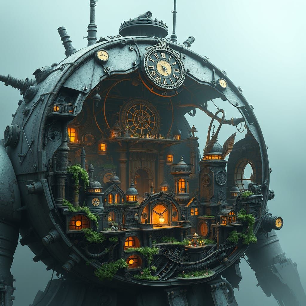 Steampunk City Inside Ancient Robot Shell
