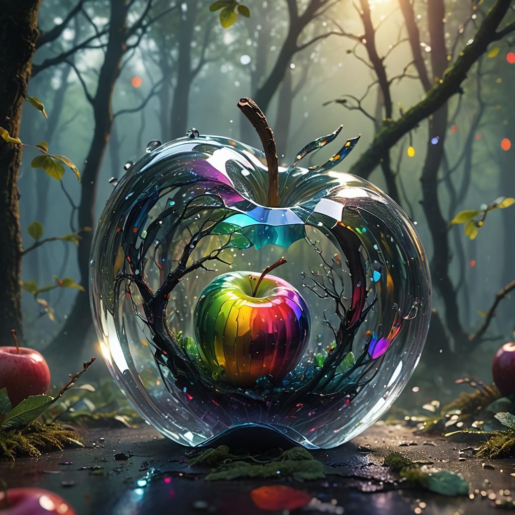 Rainbow Glass Apple in Misty Forest, Digital Illustration