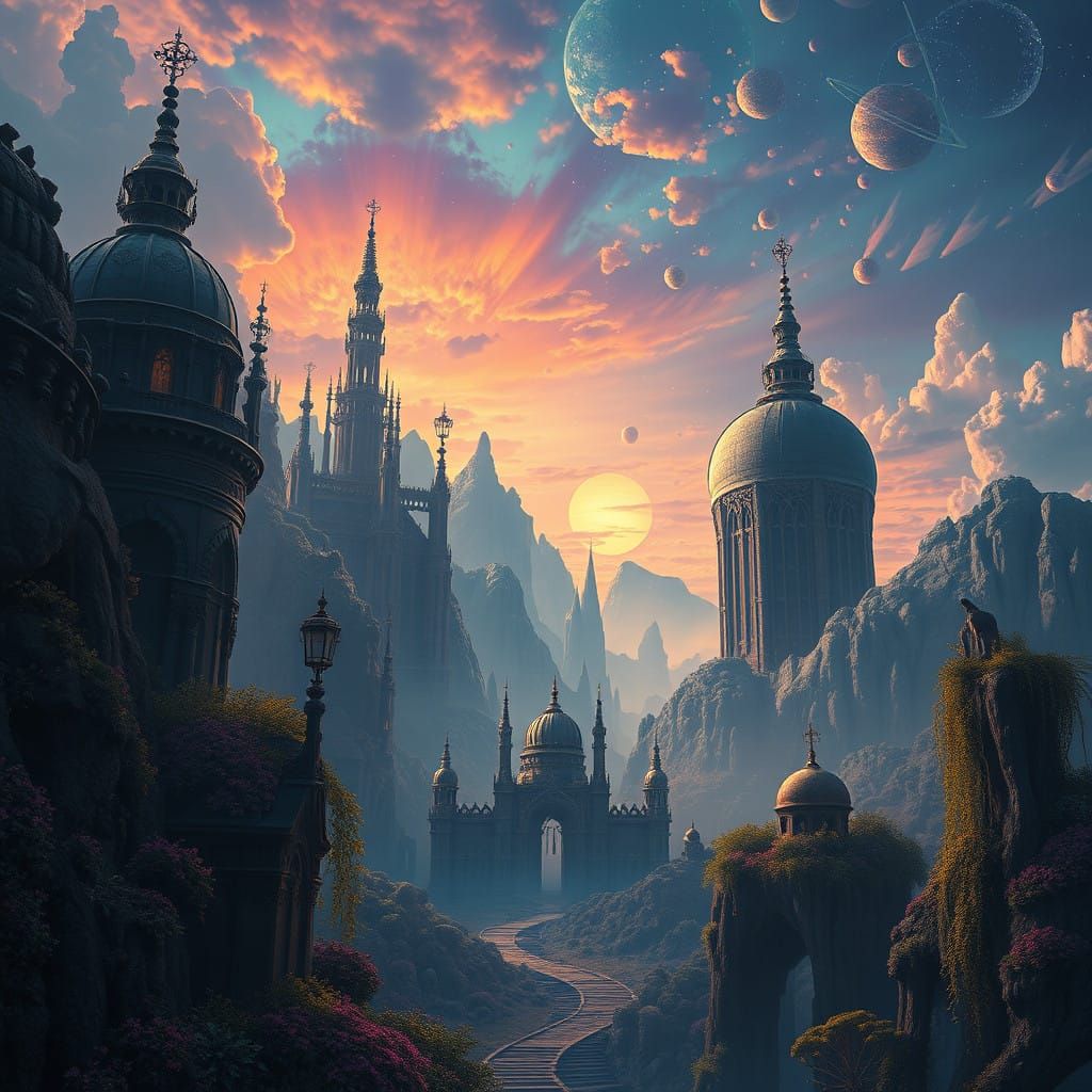 Surreal Fantasy Realm Unfolds in Deep, Velvety Colors