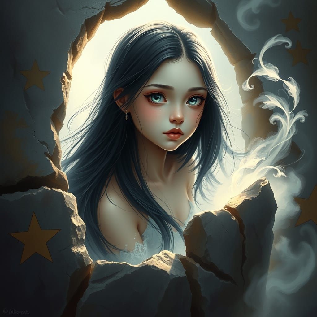 Ghostly Maiden Rises from Illuminated Stone