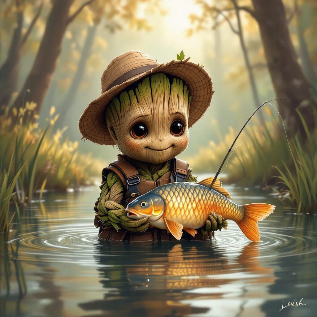Baby Groot Fishing in Forest Pond Art