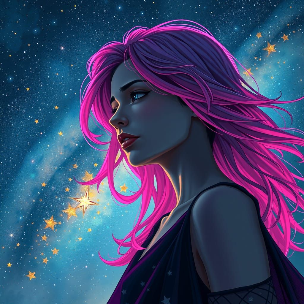 A Melancholic Cosmic Goddess Embracing the Starry Night