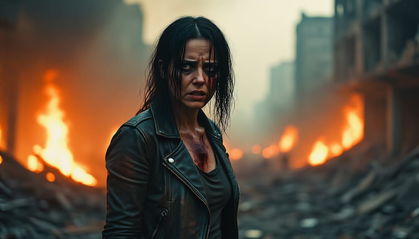 Woman in Burning City: Cinematic Post-Apocalyptic Scene