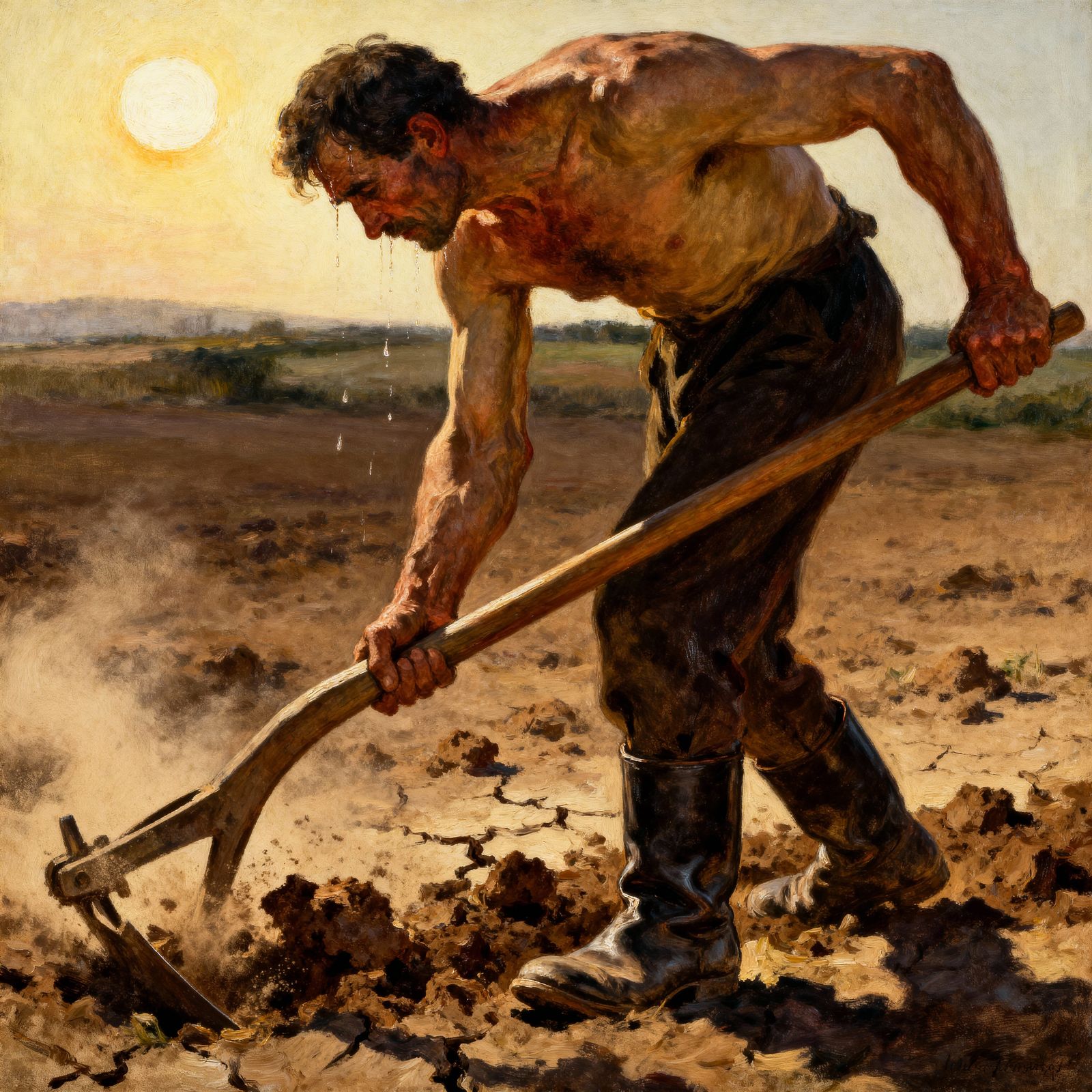 Country Man Plowing Under Grueling Sun, Oil Painting Style
