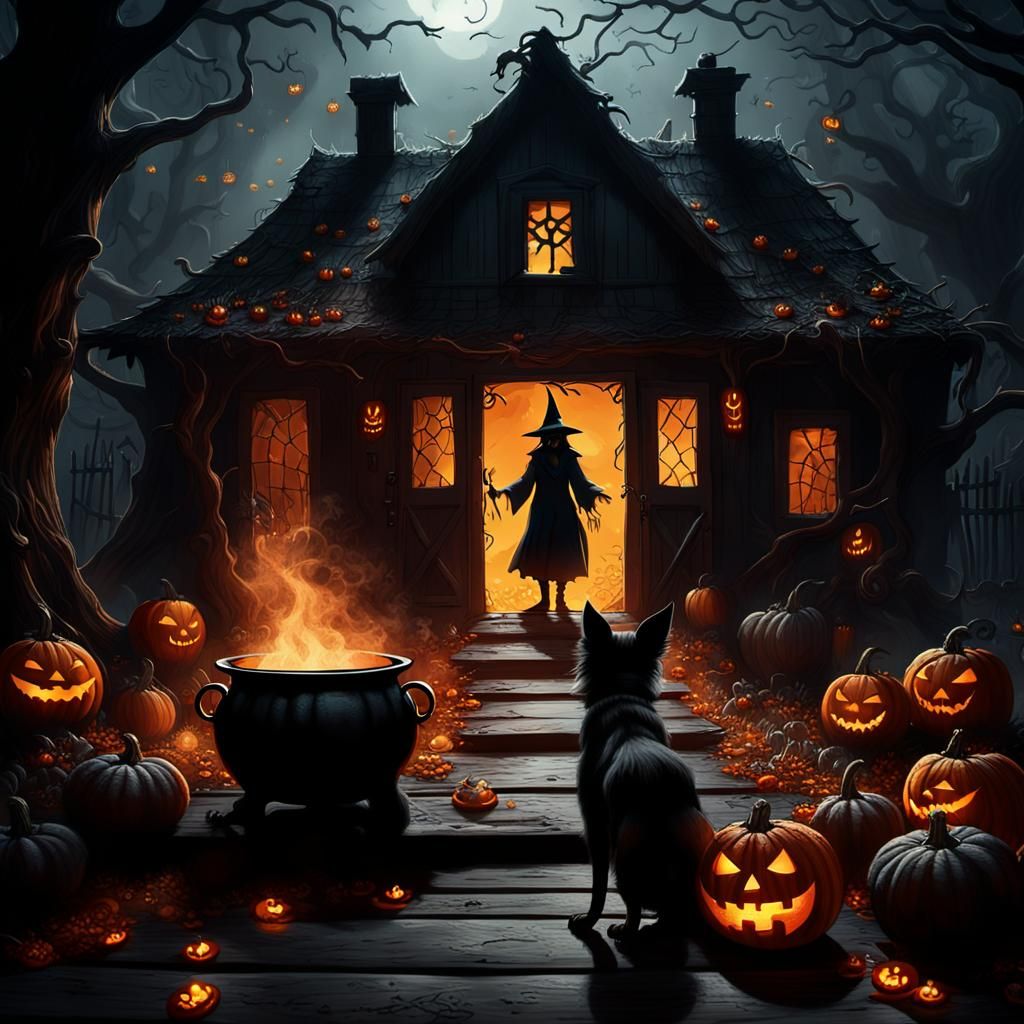 Haunted House with Witchdog in Ominous Cinematic Style