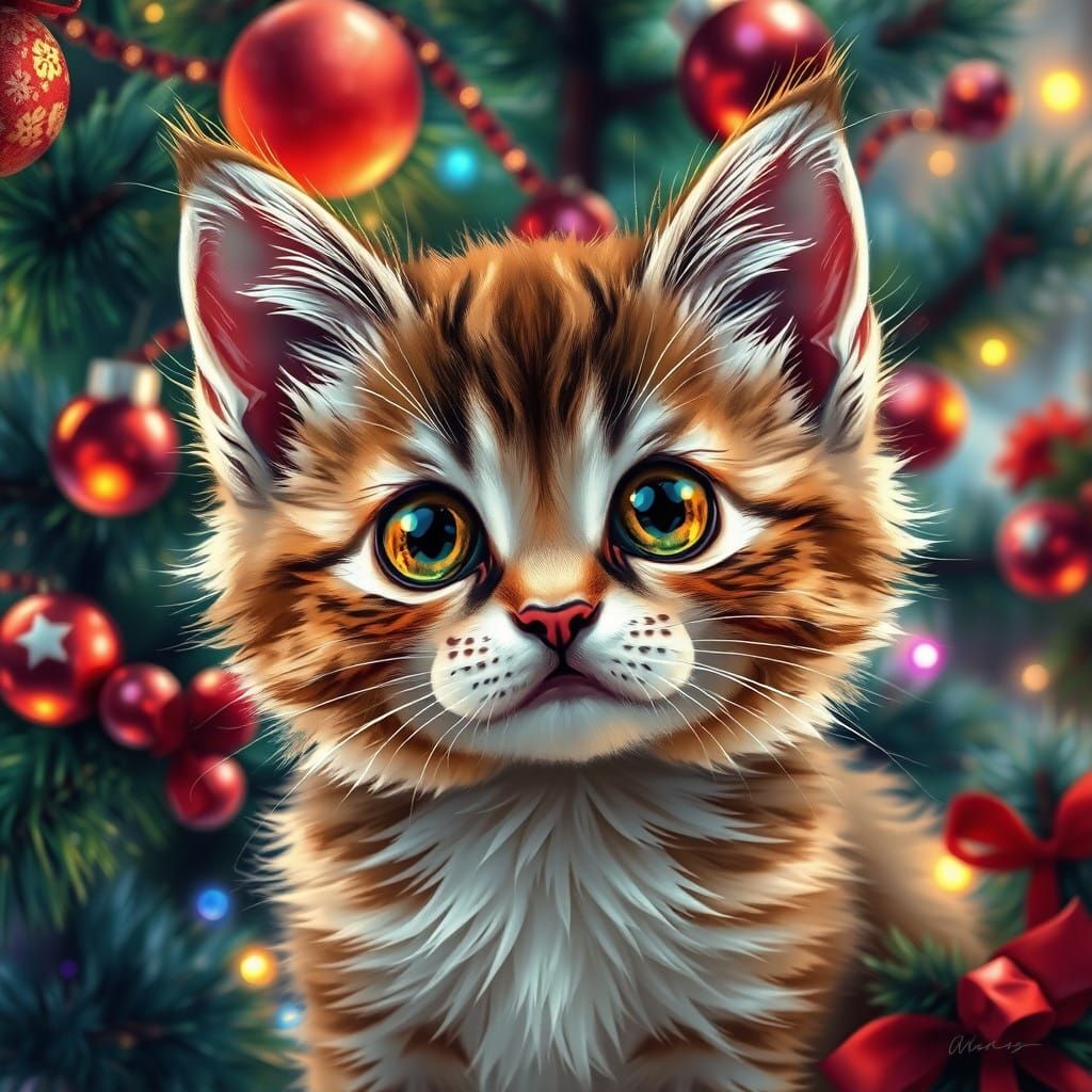 Whimsical Christmas Cat Cub Portrait in Vibrant Acrylic Styl...