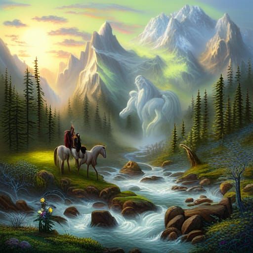 Steampunk Unicorn and Centaur in Misty Mountains