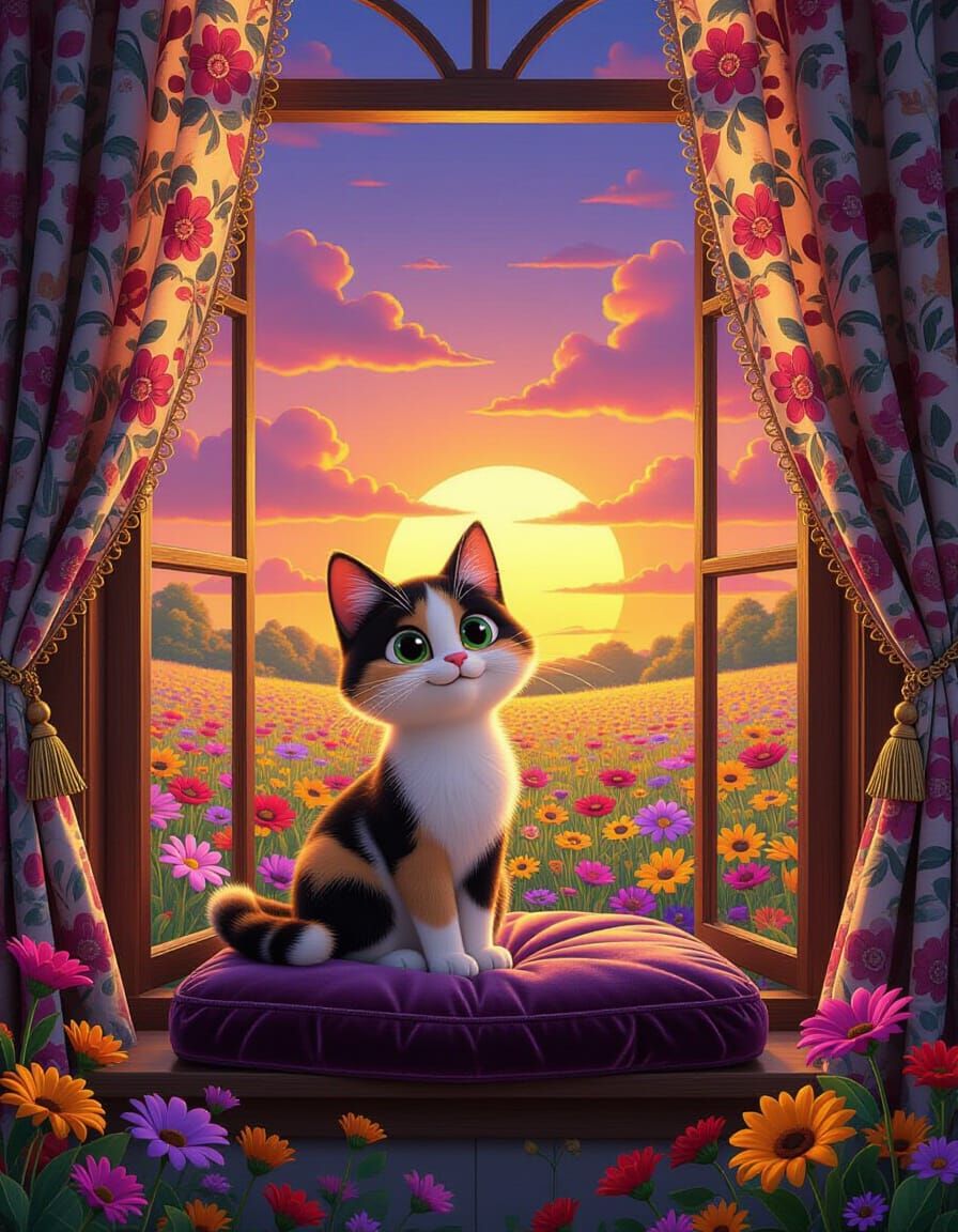 Adorable Calico Cat in Ornate Window, Pixar Style