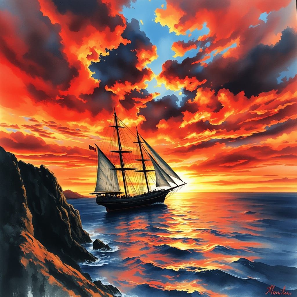 Vibrant Sunset Seascape with Majestic Schooner