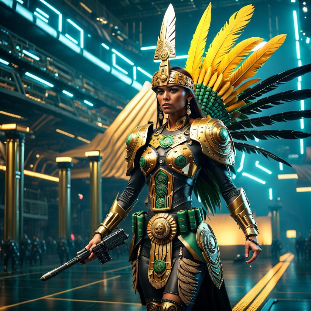 Aztec Battle Sister in Cyberpunk Armor