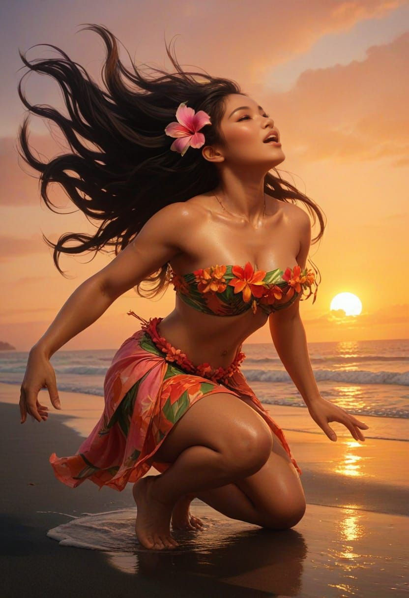 Ethereal Hula Dancer on Beach at Sunset, Fantasy Art
