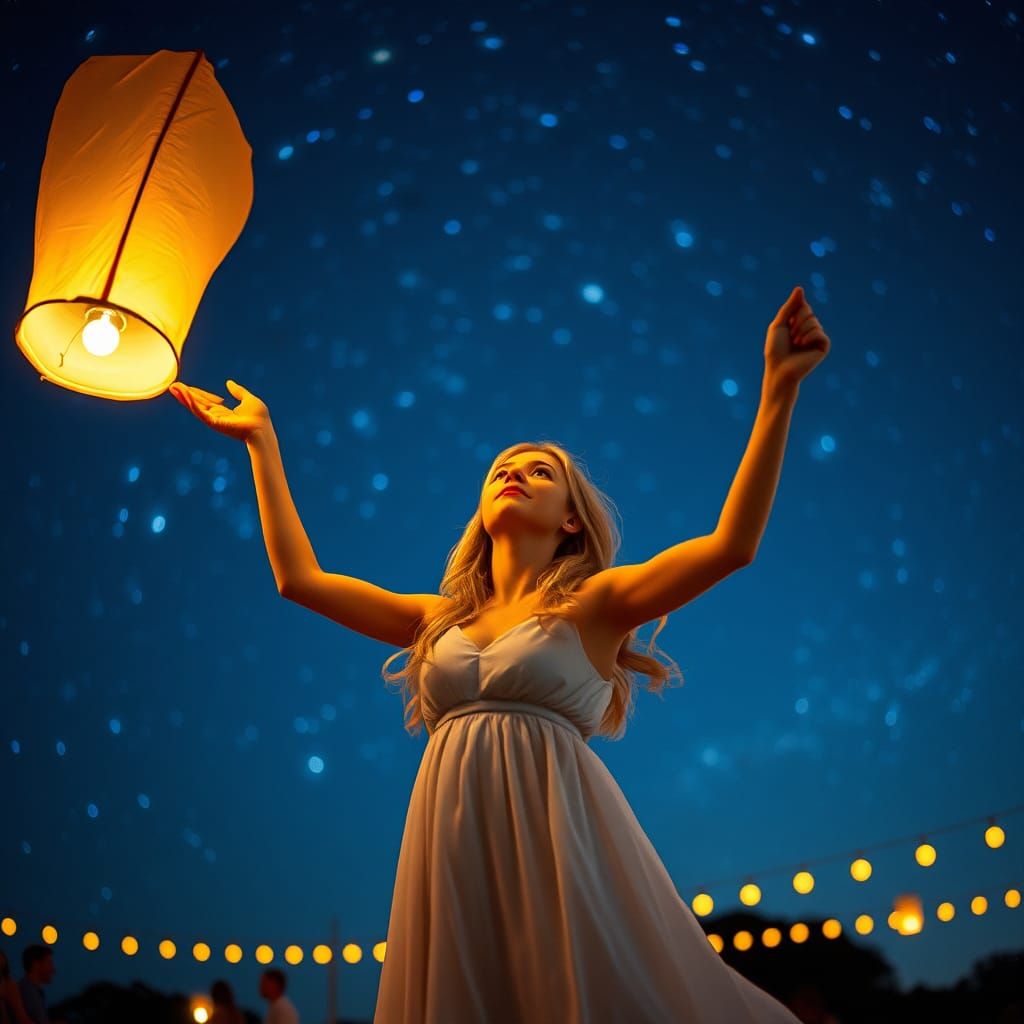 Glowing Lantern Release Under Starry Sky