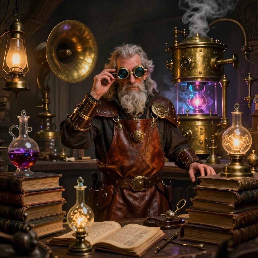Steampunk Wizard in Enchanting Workshop Digital Matte Painti...