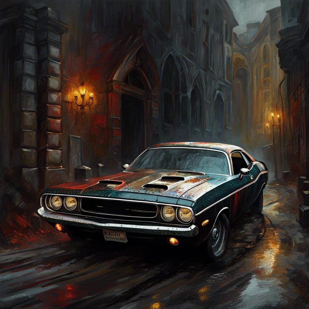 Creepy Gothic Dodge Challenger Impressionist Masterpiece