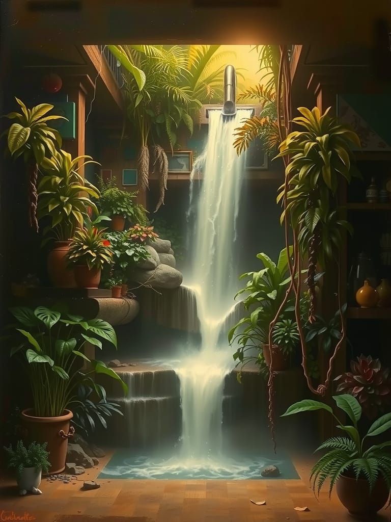 Surreal Waterfall in Domestic Jungle, Impasto Painting