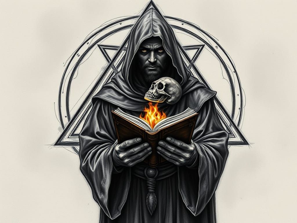 Monk and Kabbalah Symbol in Charcoal Drawing Style