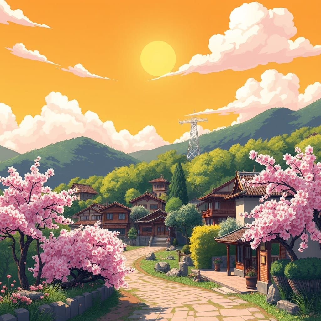 Spring Village in Vibrant Manga Style