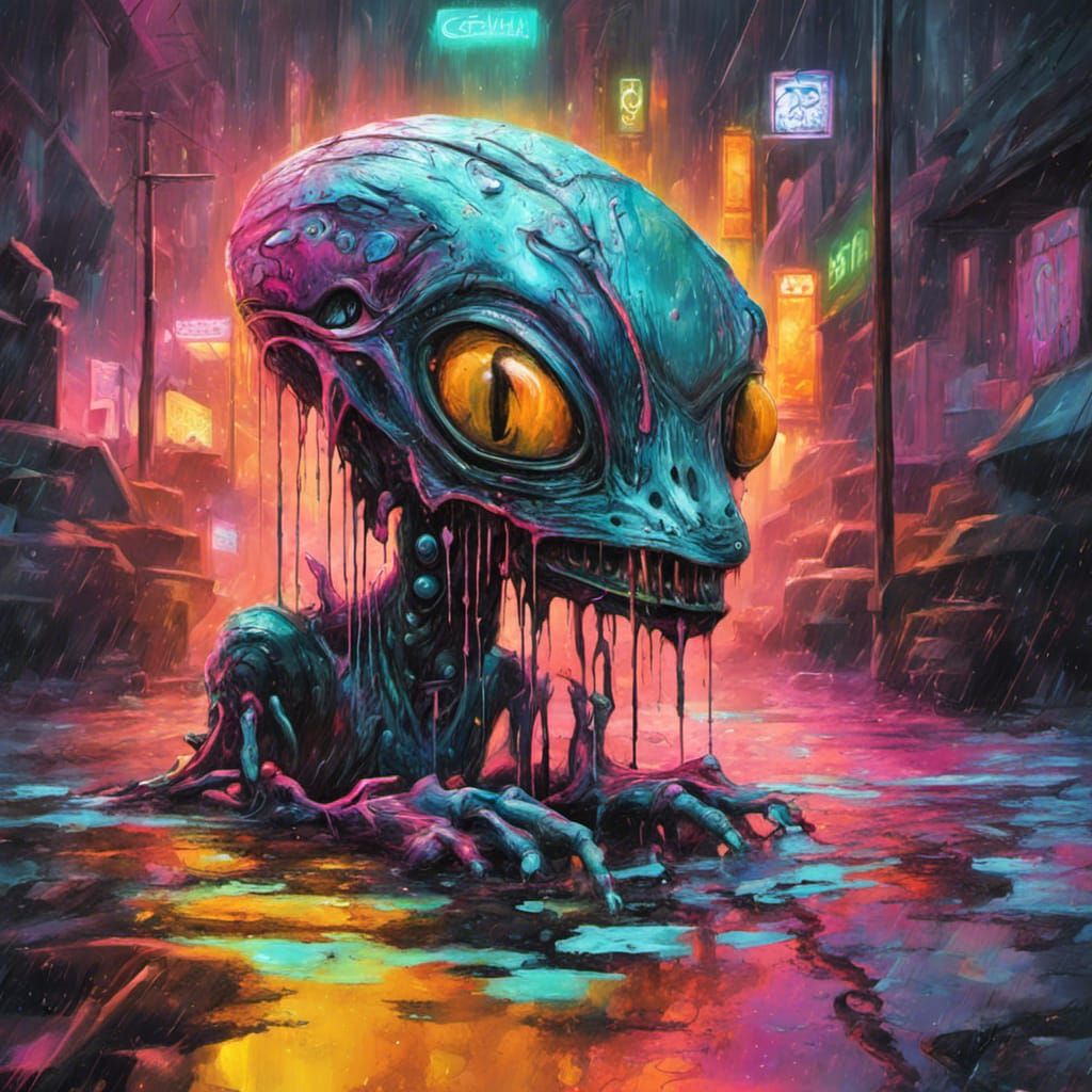 Cyberpunk Fossil Alien in Florida Neon Cityscape