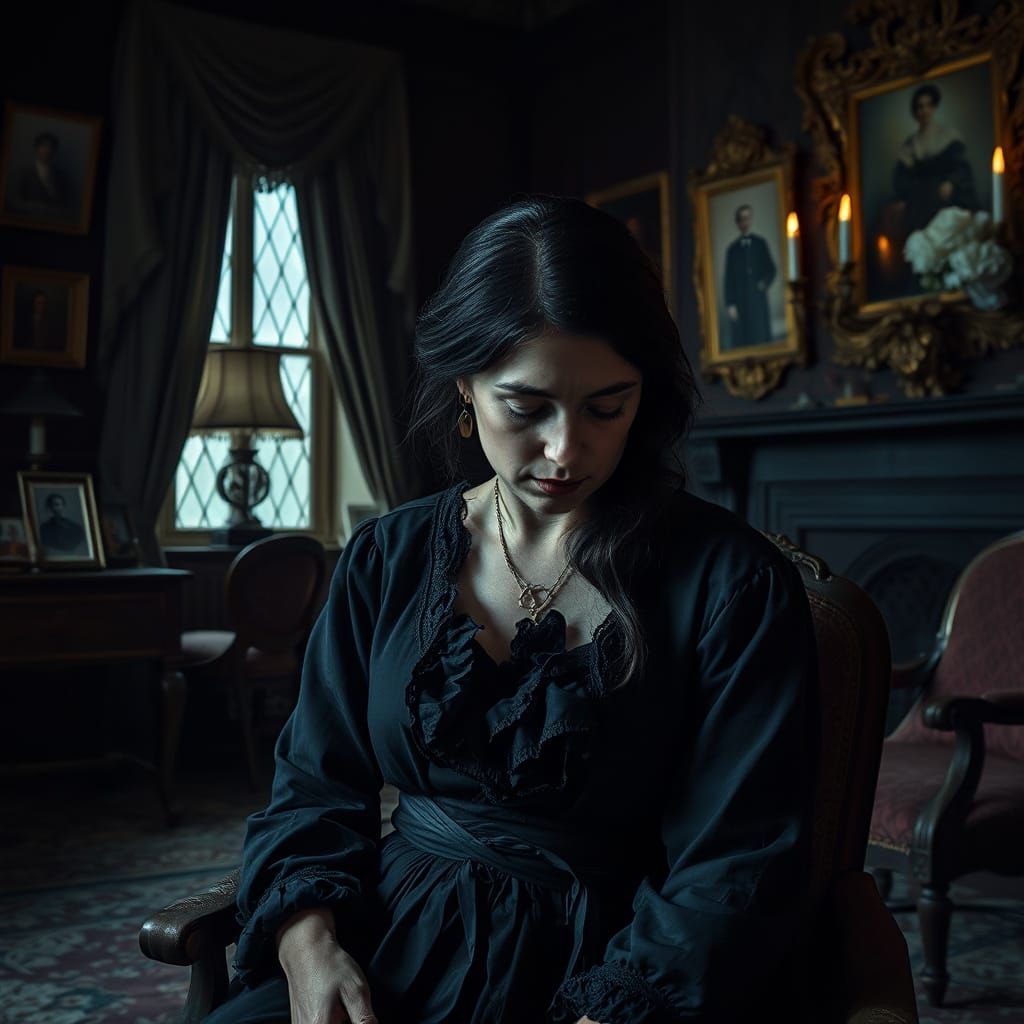 A Grieving Woman in Victorian Mourning Attire, in the Style ...