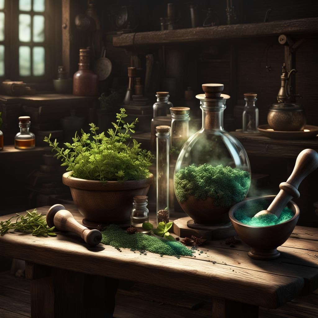 Magical Apothecary Workbench in Dark Fantasy Style