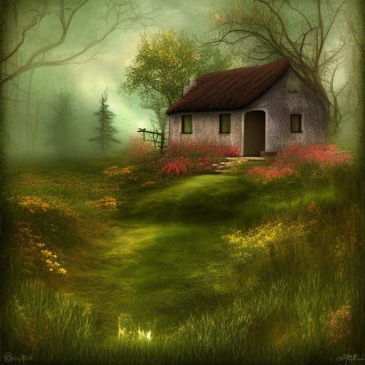 Cottage overgrown with trees and grassland, high-fantasy, di...