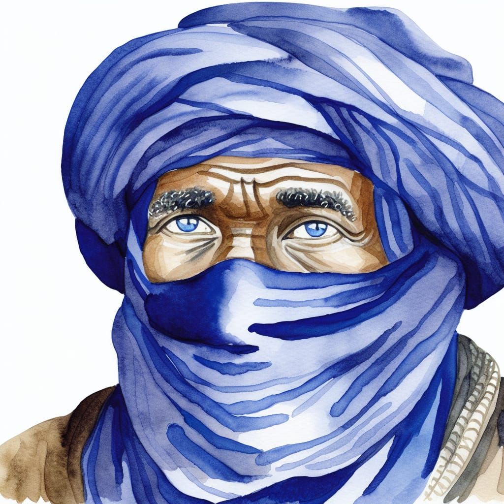 Touareg Man in Desert Landscape, Watercolour Portrait