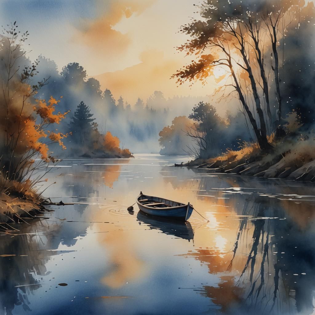 Lone Boat Drifts Down Serene River: Watercolour