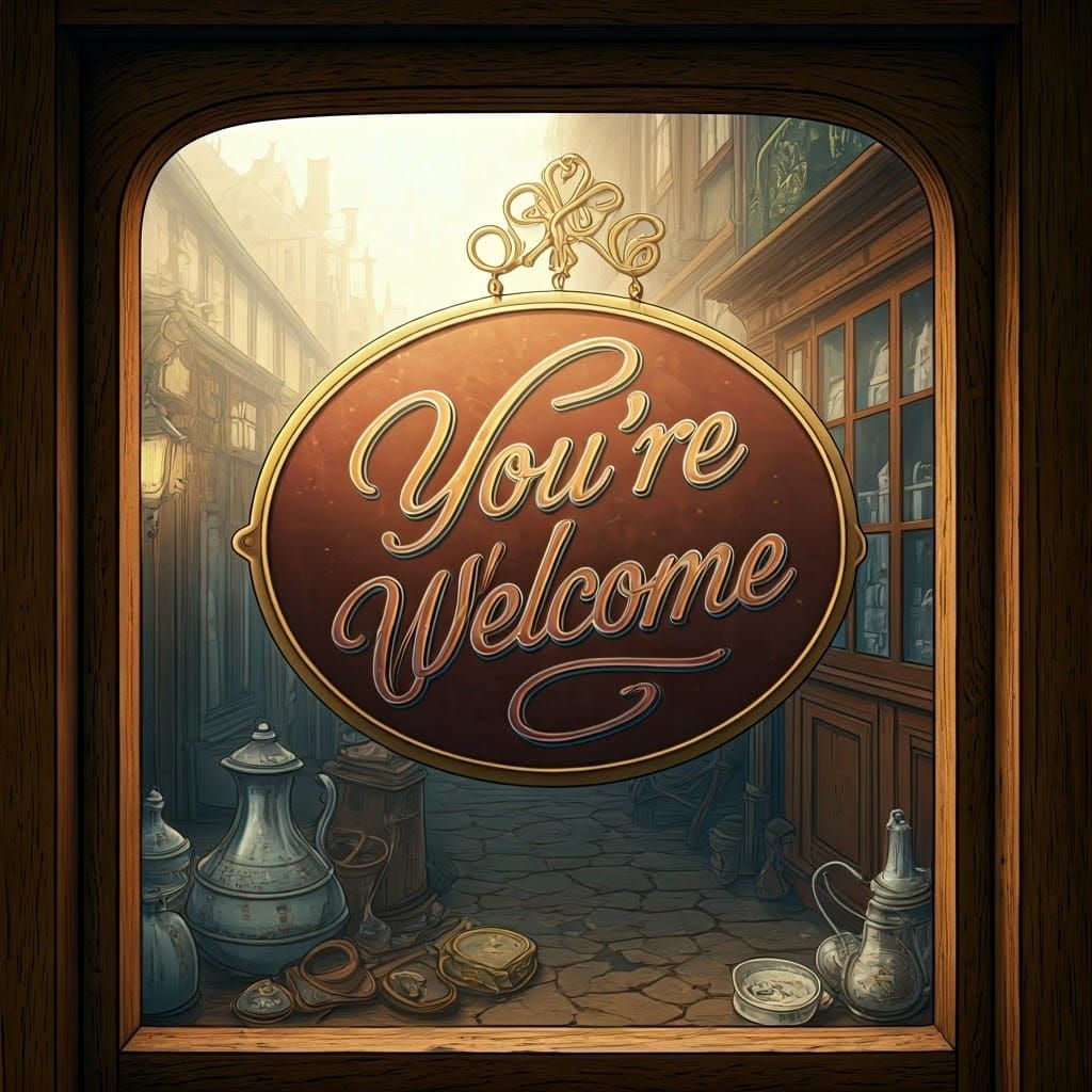 Charming Antique Shop Window with Welcome Sign