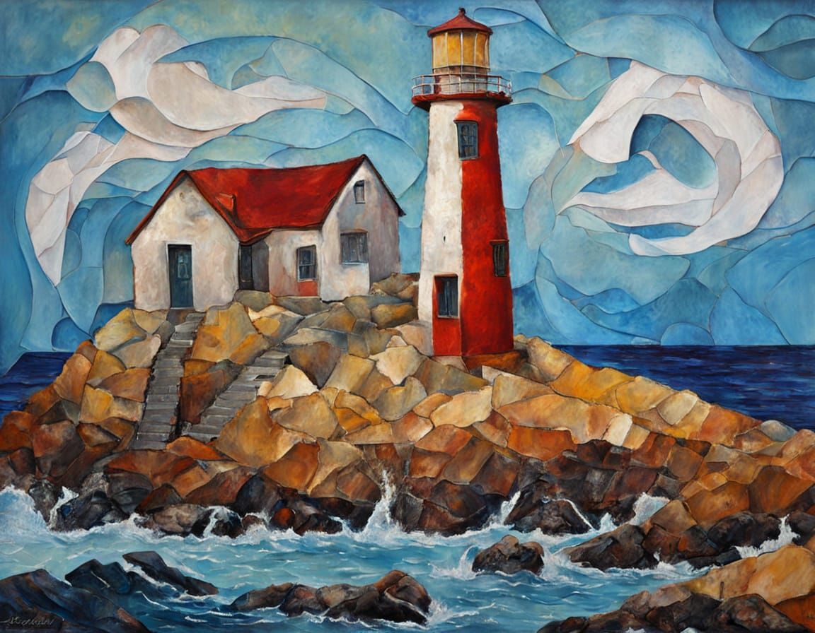 Surreal Lighthouse in Mixed Media Impasto Style