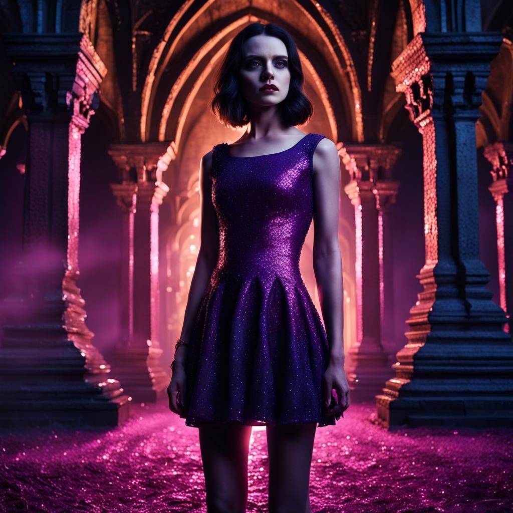 Brunette Vampire in Pink Sequin Dress: Matte Painting