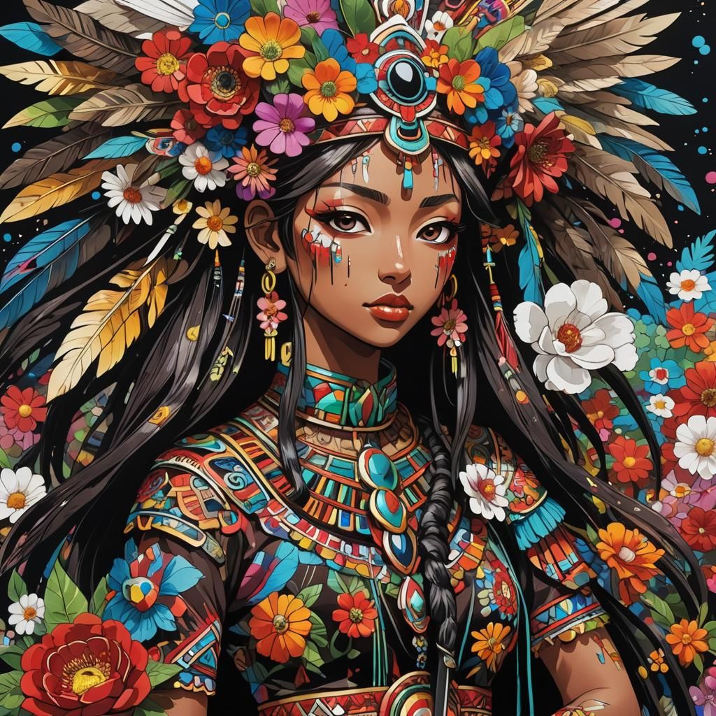 Aztec Woman in Neotraditional Anime Splash Art