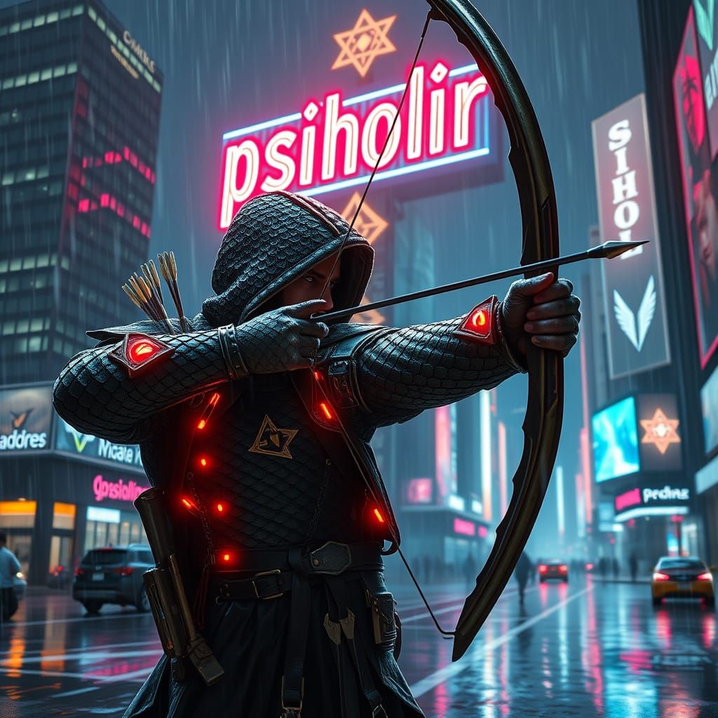 Cyberpunk Archer in Dragon Armor Takes Aim Under Neon Signs