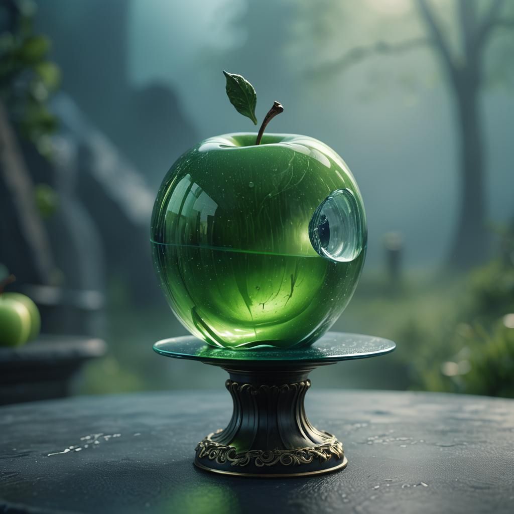 Glowing Green Glass Apple in Surreal Mist