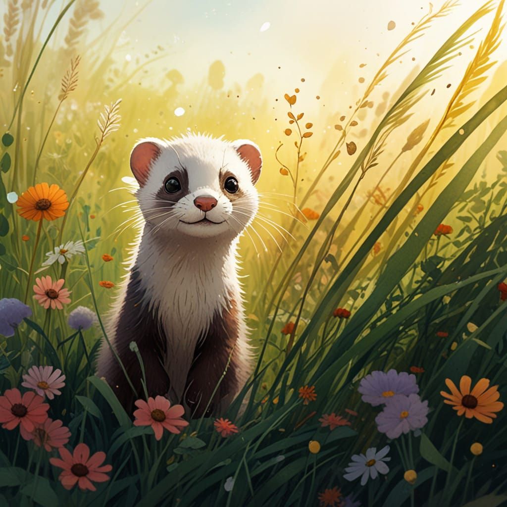 Whimsical Ferret Pokes Head Out of Sunlit Meadow