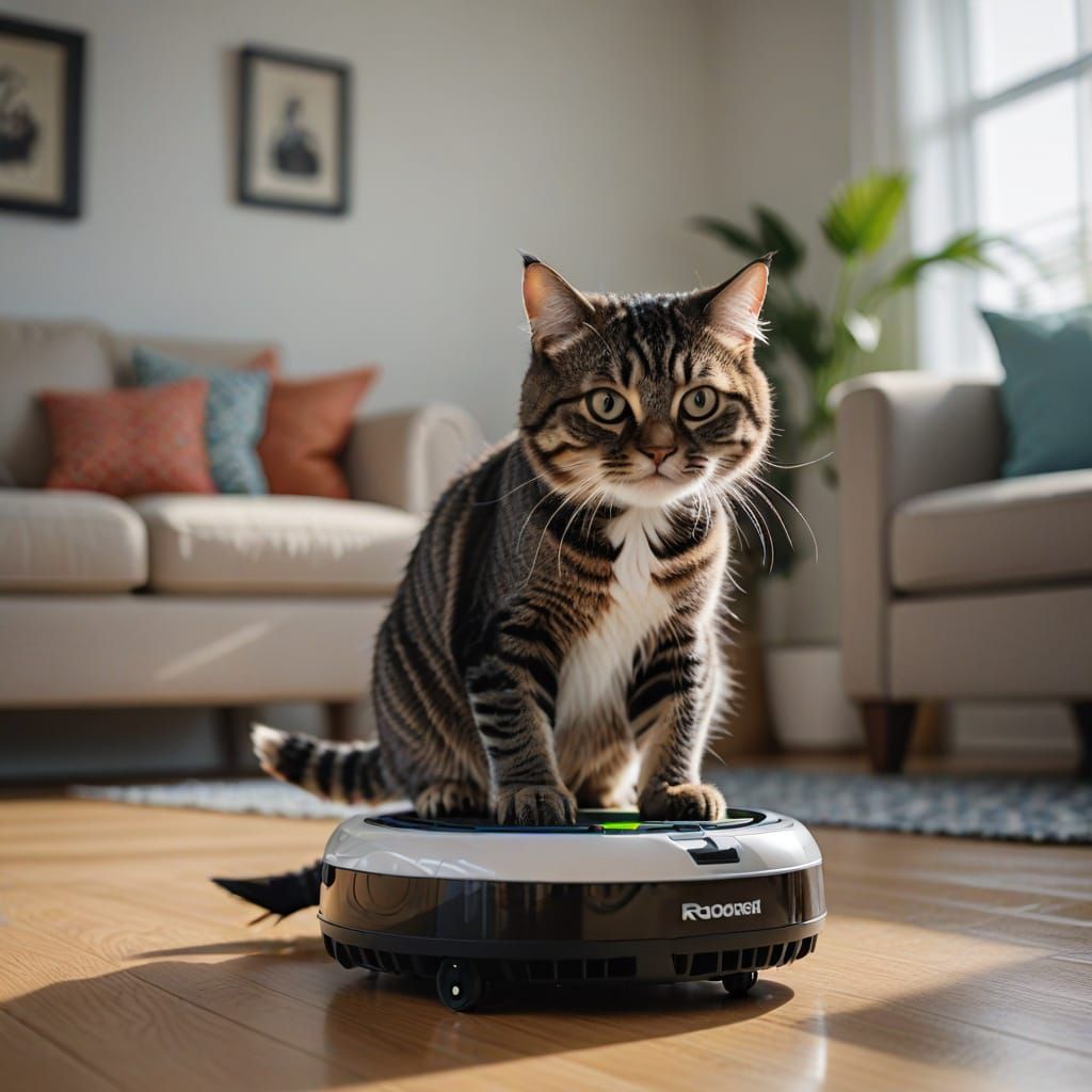Fuzzy Cat Rides Wide Shark Roomba in Realistic Photo