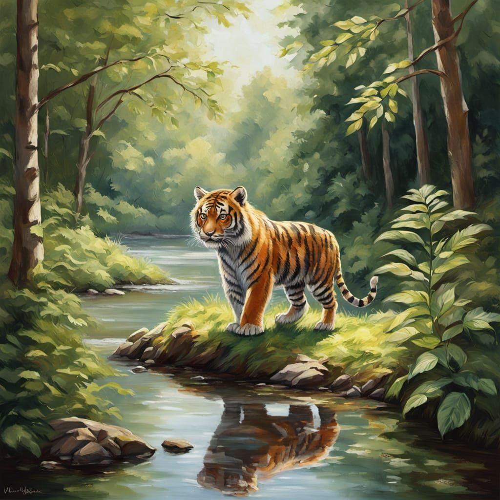 Impressionist Oil Painting of a Tiger Cub in a Forest