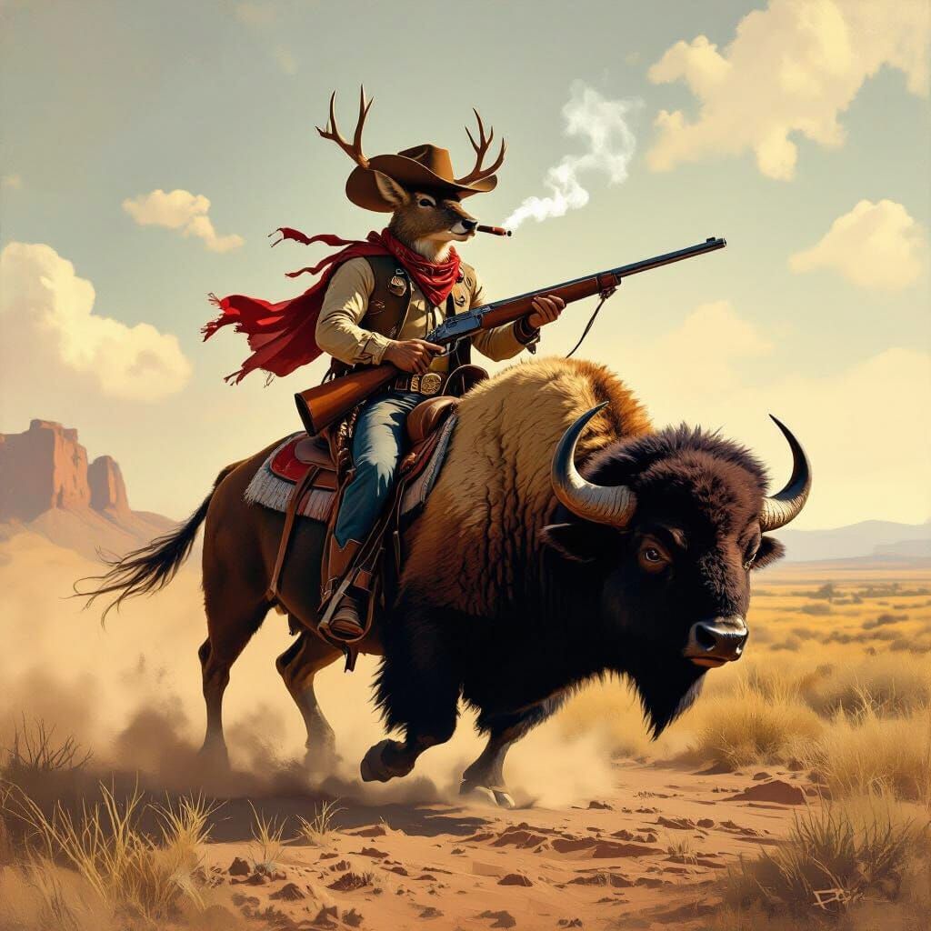Cowboy Deer Rides Buffalo Across Sun-Scorched Plain